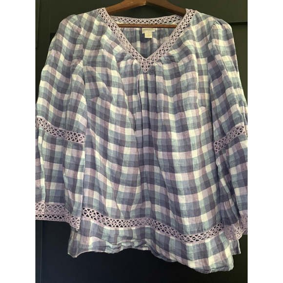 Chico’s 100% Linen Gingham Peasant Top Size 1 (M/L) - Picture 1 of 7